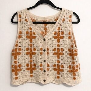 Crochet Button-Down Sleeveless Top / Vest Cream and Orange